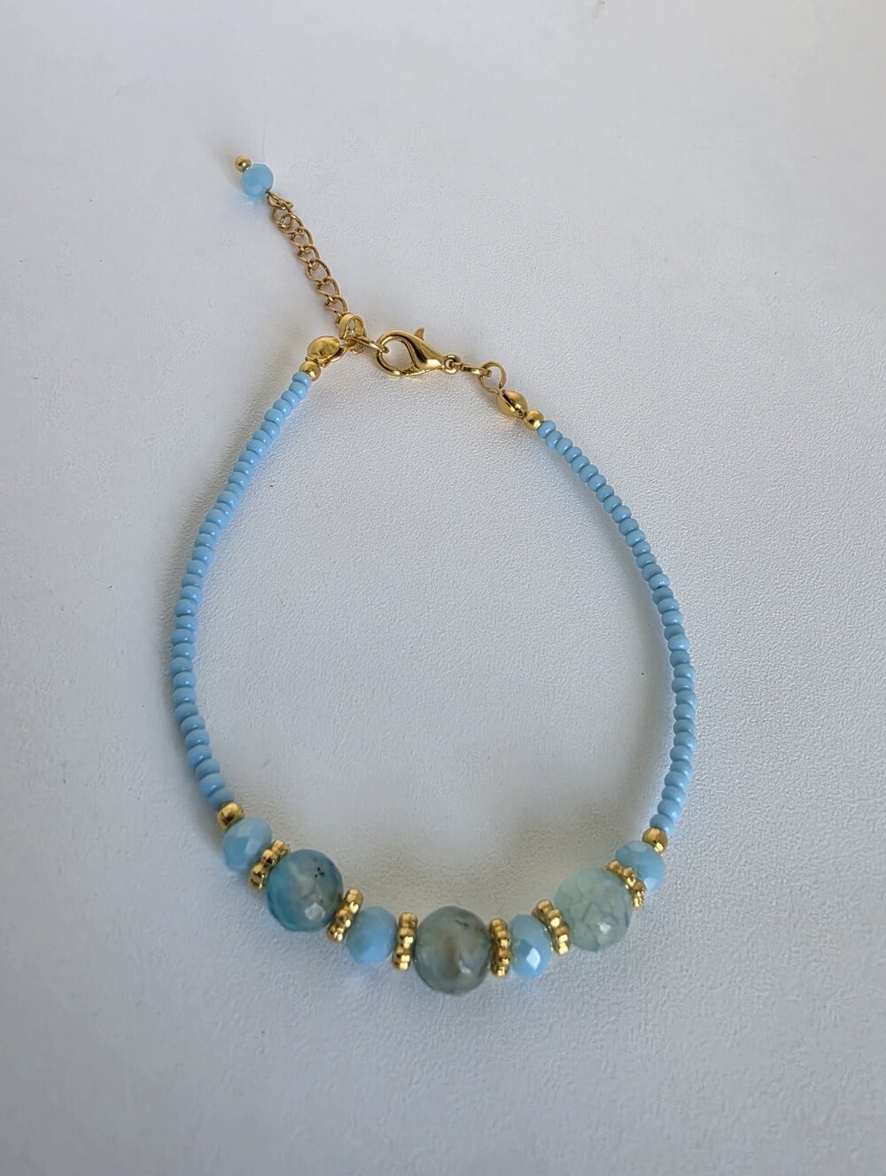 Handmade Blue Agate Beaded Bracelet Gold Tone Adjustable 7" + 2" Ext